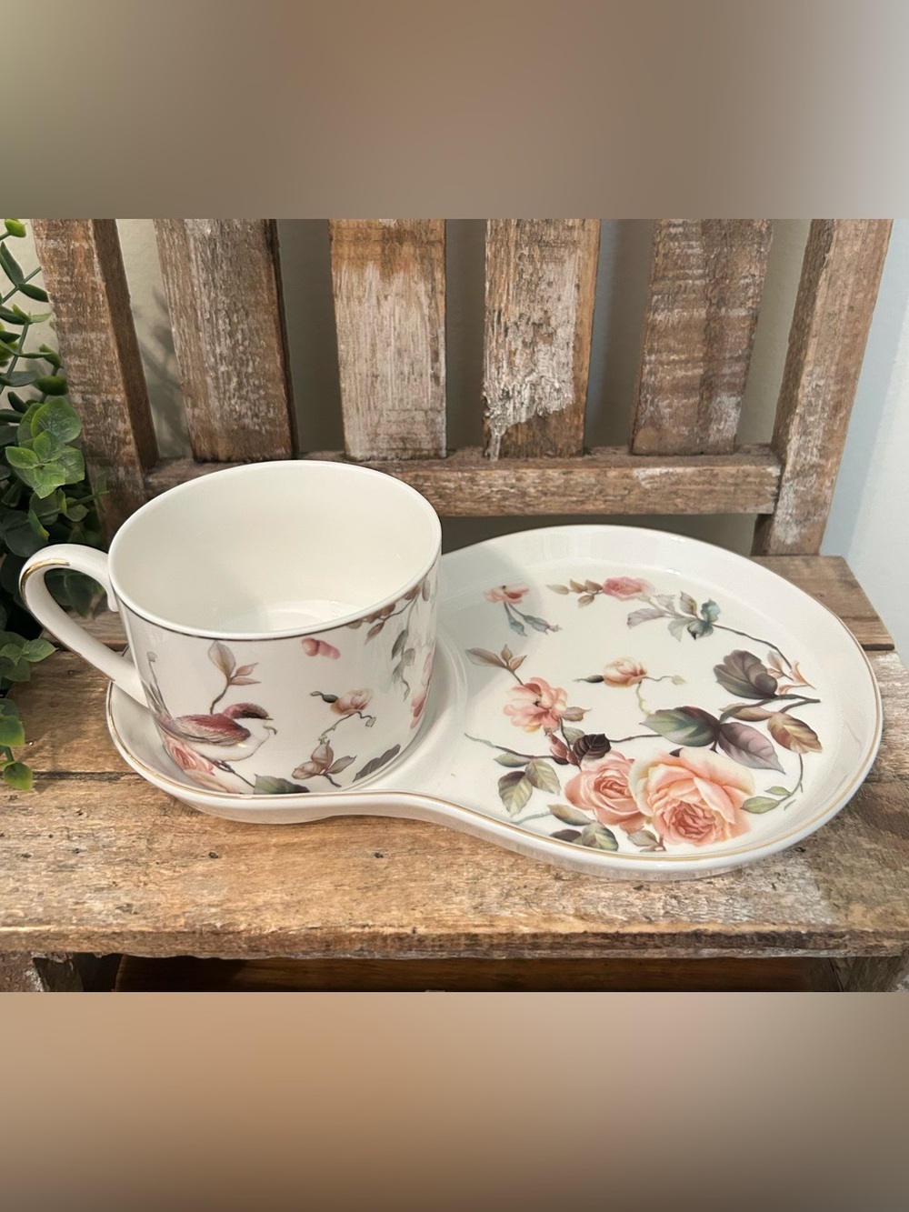 Grace Teaware Fine Porcelain Teacup & Snack Plate Magnolia & Birds Pink New